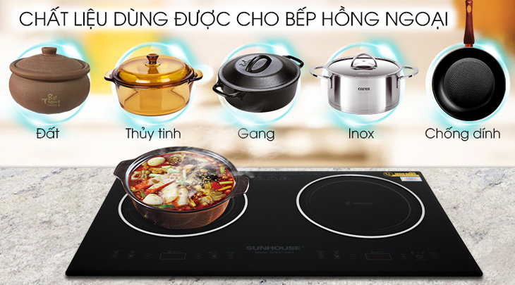 Bếp hồng ngoại đôi lắp âm Sunhouse SHB9112MT sử dụng tốt với mọi loại nồi chảo
