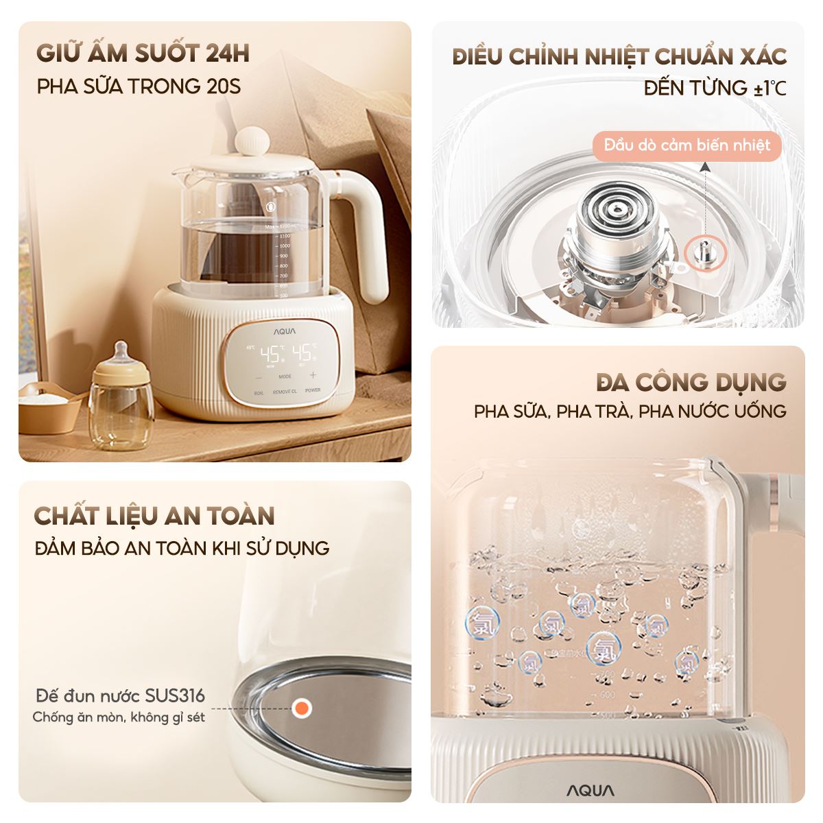 Bình đun pha sữa AQUA 1.2 lít AQS-MH121T với thân bình được làm từ thủy tinh borosilicate cao cấp, giúp chịu nhiệt tốt, không bám cặn và dễ vệ sinh