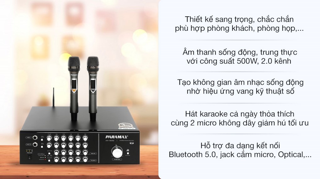 Amply Paramax AX-1200 với tổng công suất lên đến 500 W, 2.0 kênh cùng khả năng xử lý, phục hồi tín hiệu với độ trung thực cao