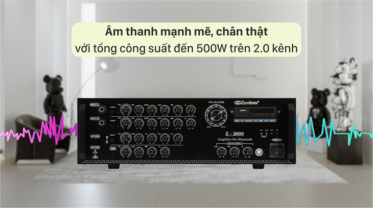Amply Karaoke Zenbos Z-2600 cung cấp âm thanh mạnh mẽ, chân thực với tổng công suất đến 500W trên 2.0 kênh