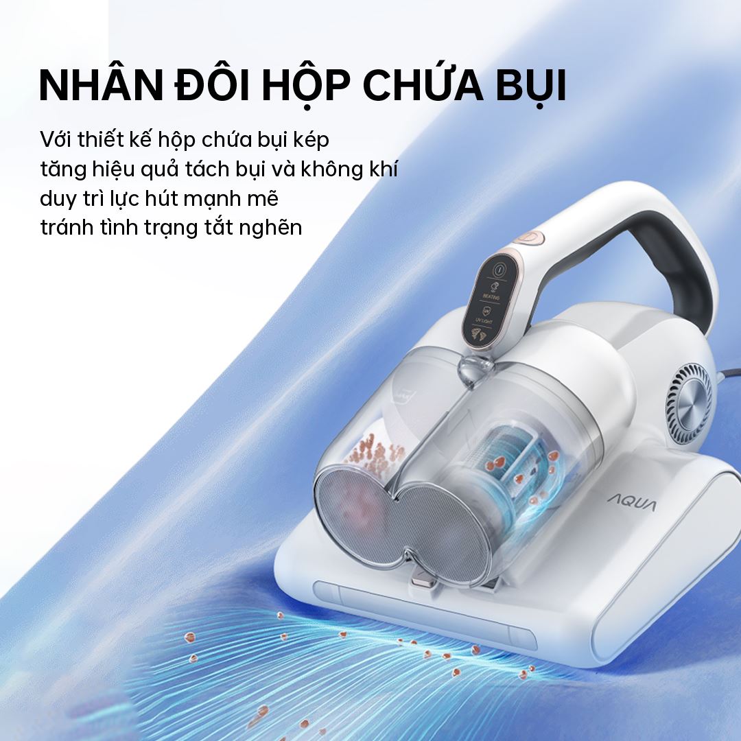Máy hút bụi đệm giường AQUA AQS-CMP105R(W)-VN nhân 2 hộp chứa bụi, giúp bạn sử dụng tiện lợi, dễ dàng