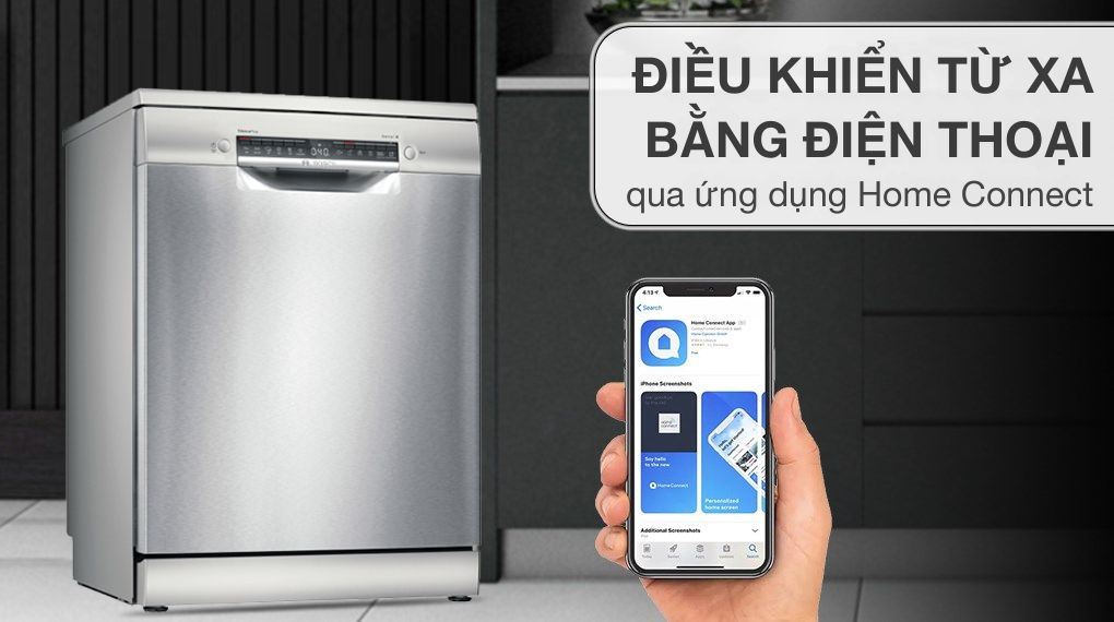 Máy rửa chén độc lập Bosch SMS4EMI06E có thể điều khiển bằng điện thoại thông qua ứng dụng Home Connect
