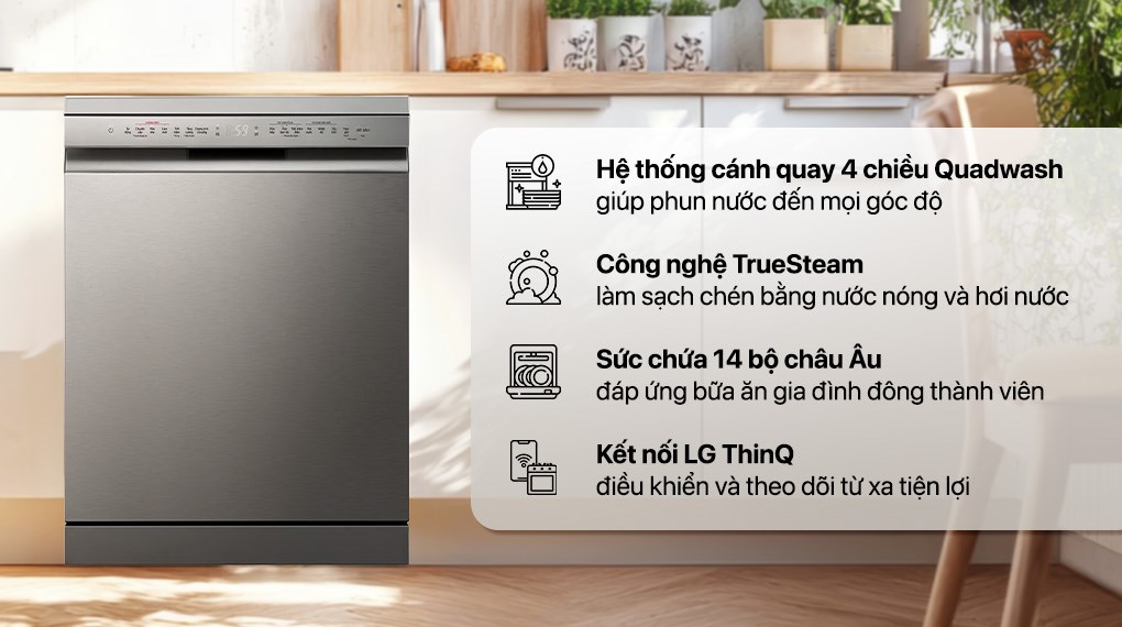 Máy rửa chén độc lập LG LDT14SVA4 với công nghệ TrueSteam làm sạch chén, bát bằng nước nóng và hơi nước
