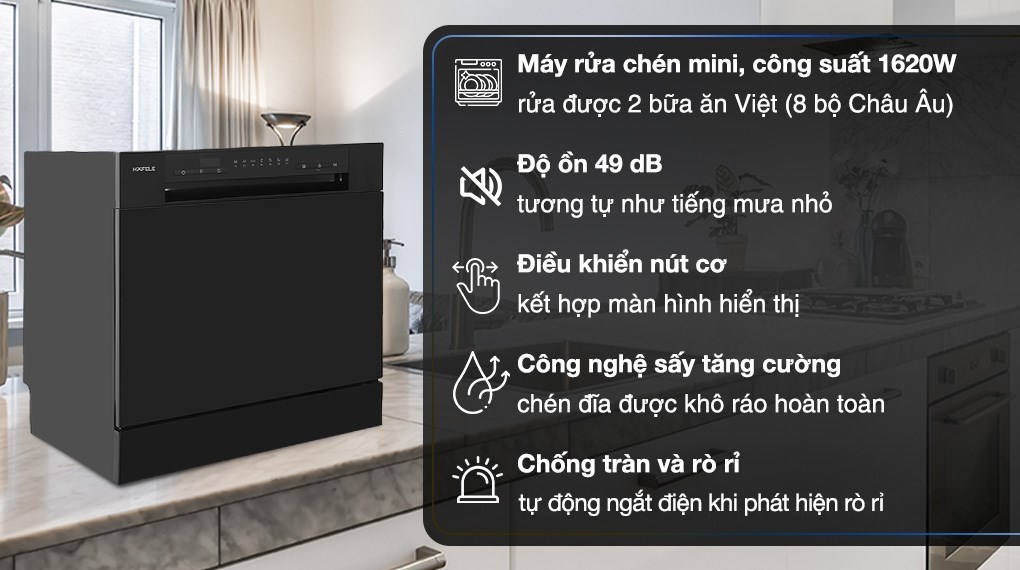 Máy rửa chén mini Hafele HDW-T5531B hoạt động với công suất 1620W, cho máy khả năng rửa khoảng 2 bữa ăn Việt