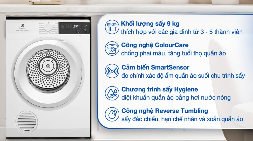 Máy sấy thông hơi Electrolux UltimateCare 9 kg EDV904H3WC phù hợp với gia đình từ 3-5 thành viên