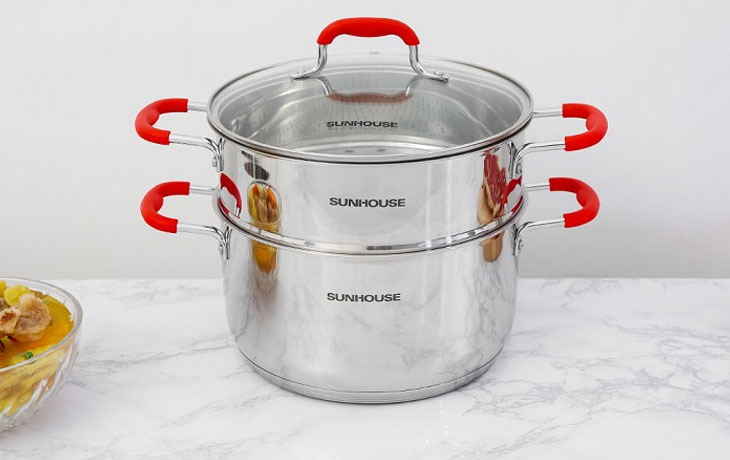 Bộ nồi xửng inox 5 đáy nắp kính 24 cm Sunhouse SHG507-24