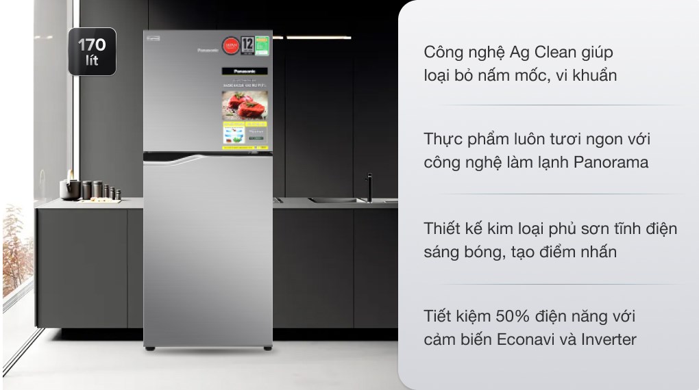Tủ lạnh Panasonic Inverter 170 lít NR-BA190PPVN tiết kiệm điện, vận hành êm với công nghệ Inverter