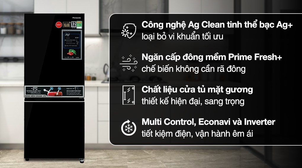 Tủ lạnh Panasonic Inverter 255 lít NR-BV281BGMV trang bị công nghệ kháng khuẩn Ag Clean với tinh thể bạc Ag+ ngăn chặn vi khuẩn, mùi hôi