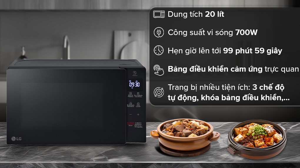 Lò vi sóng LG MS2032GAS 20 lít với thiết kế hiện đại, tinh tế với màu đen sang trọng, hài hòa