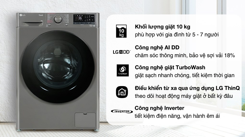 Máy giặt LG AI DD Inverter 10 kg FV1410S4M1 với công nghệ AI DD thông minh, giúp chăm sóc quần áo tối ưu