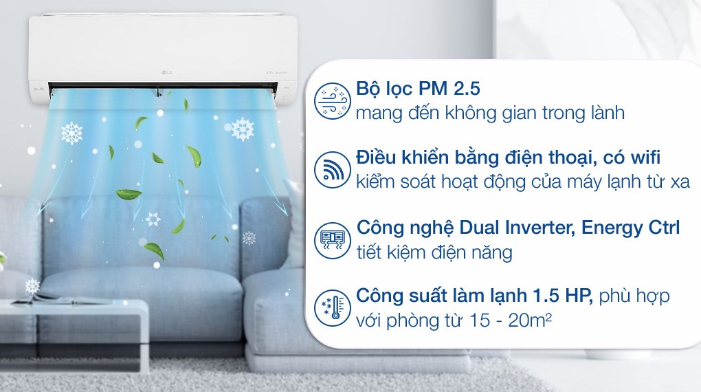 Máy lạnh LG Inverter 1.5 HP V13WIN1 thích hợp sử dụng cho căn phòng có diện tích từ 15 - 20m²