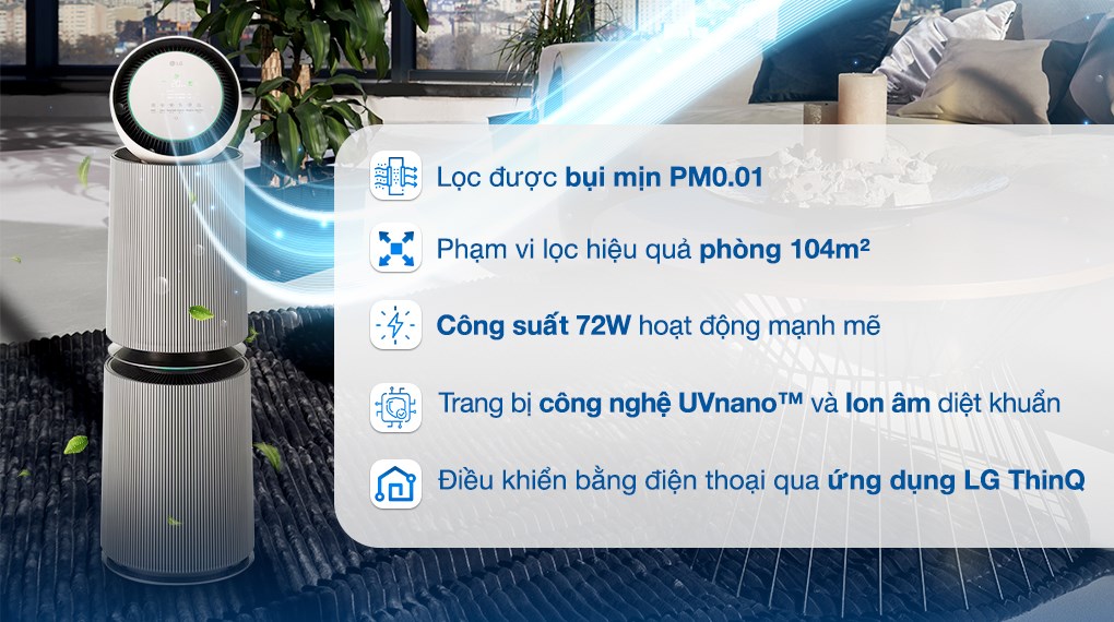 Máy lọc không khí LG PuriCare 360 Alpha Double AS10GDBY0.ABAE 72W lọc không khí hiệu quả với công nghệ UVNano và Ion âm diệt khuẩn