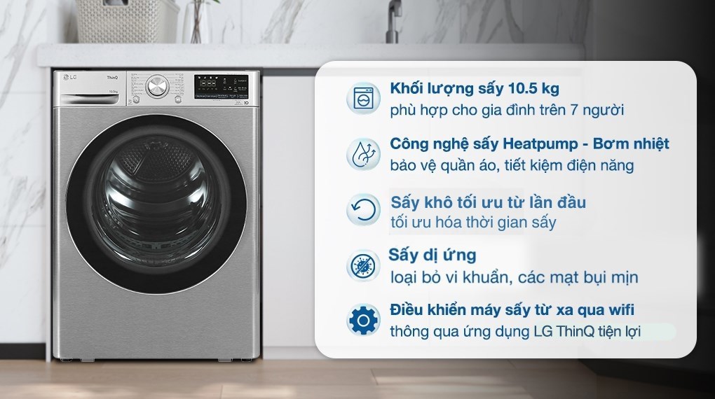 Máy sấy bơm nhiệt LG 10.5 kg DVHP50P sử dụng cơ chế sấy bơm nhiệt giúp quần áo không bị nhăn nhúm, hư hại
