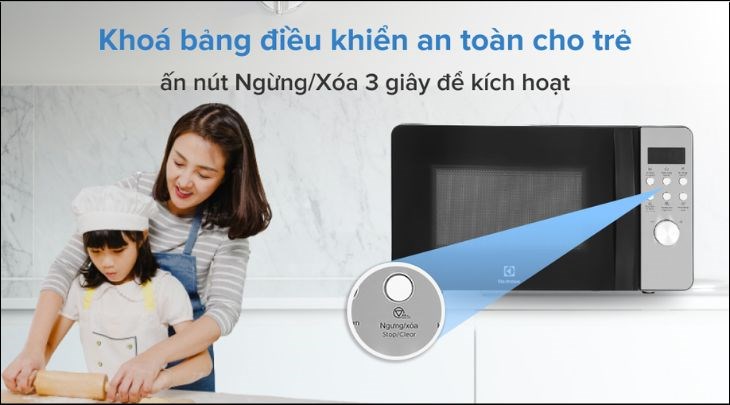 Lò vi sóng Electrolux EMM20D38GB 20 lít có tích hợp thêm khóa bảng điều khiển an toàn, phù hợp cho các gia đình có trẻ nhỏ
