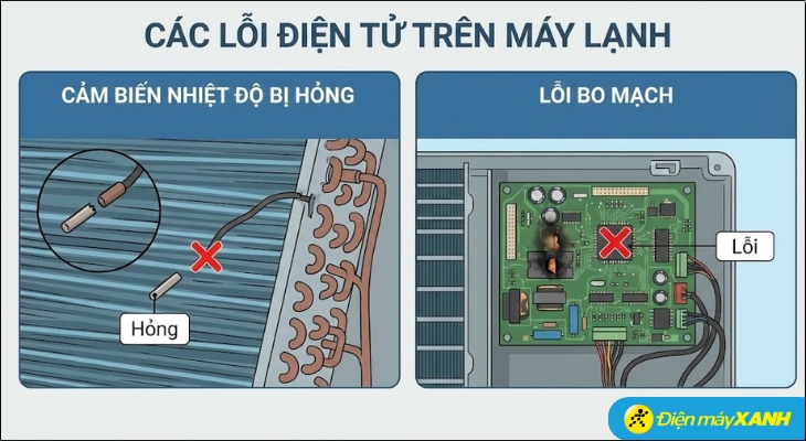 Cảm biến nhiệt độ gắn trên dàn lạnh có thể bị đứt dây, hỏng hoặc trị số điện trở của nó bị sai lệch