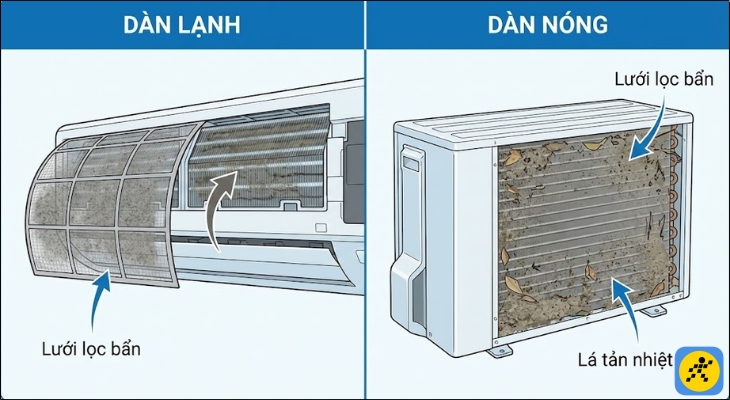 Lưới lọc và lá tản nhiệt bị bẩn khiến không khí không thể lưu thông qua để thực hiện quá trình trao đổi nhiệt