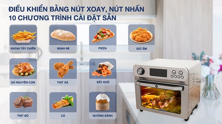 Lò chiên không dầu Mishio MK-314 24 lít có bảng điều khiển nút nhấn và nút xoay, có màn hình hiển thị rõ ràng các chức năng khác nhau