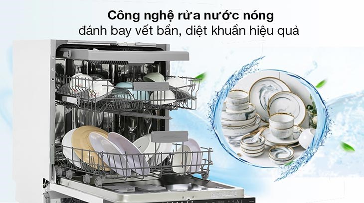 Máy rửa chén âm tủ Hafele HDW-FI60D (533.23.320) hỗ trợ công nghệ rửa nước nóng quét sạch mọi vết bẩn