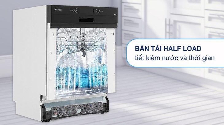 Máy rửa chén bán âm Hafele HDW-HI60B (533.23.210) có tính năng rửa nửa tải phù hợp với lượng đồ dùng cần rửa ít