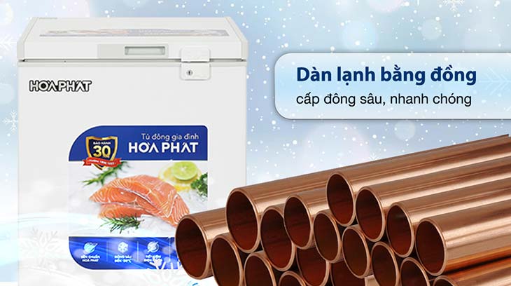 Tủ đông Hòa Phát có chức năng khóa cửa tủ tích hợp dàn lạnh bằng đồng nguyên chất