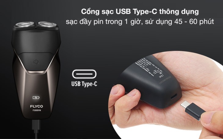 Máy cạo râu Flyco FS888VN sử dụng pin với cổng sạc USB thông dụng