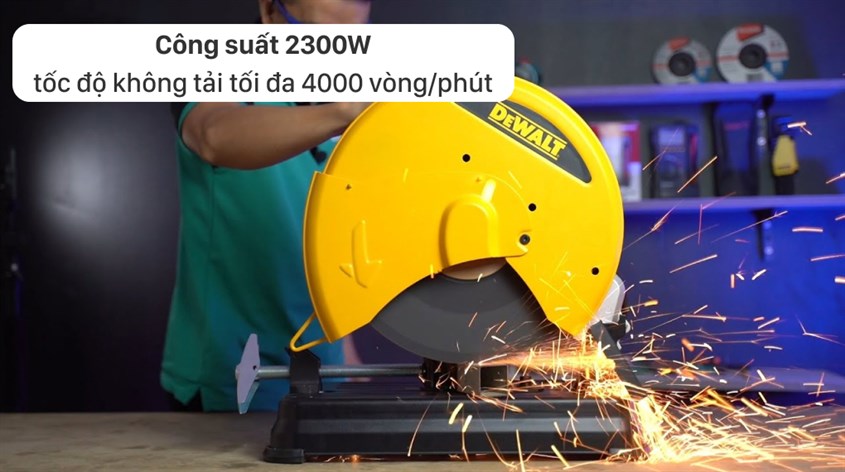 Máy cắt sắt Dewalt D28730-B1 2300W có công suất 2300W và tốc độ không tải tối đa 4000 vòng/phút, giúp cắt kim loại được nhanh hơn