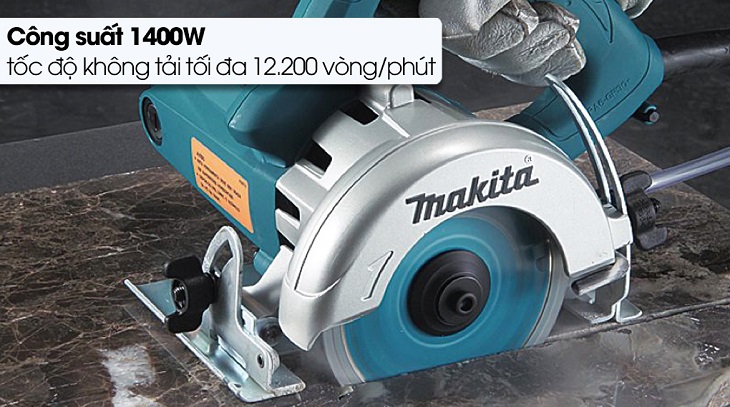 Máy cắt gạch Makita 4100NH2 1400W có công suất 1400W và tốc độ không tải tối đa 12.200 vòng/phút.