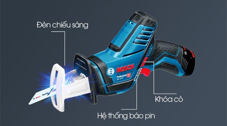 Máy cưa kiếm dùng pin Bosch GSA 12 V-LI 12V (không kèm pin, sạc) được trang bị đèn chiếu sáng cho khả năng làm việc trong tối hiệu quả hơn