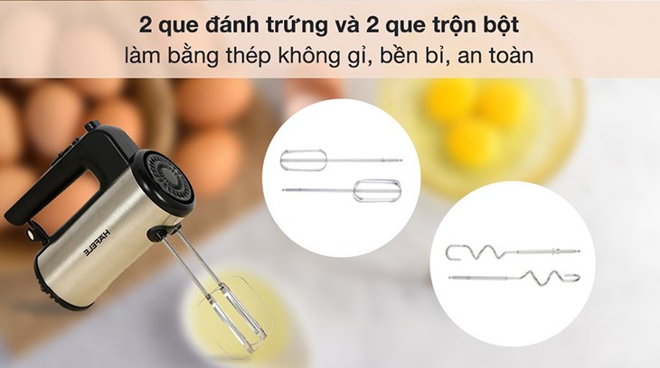 Máy đáng trứng Hafele được trang bị kèm theo 2 que đánh trứng và 2 que trộn bột vô cùng tiện lợi