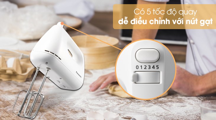 Máy đánh trứng Panasonic MK-GH3WRA sở hữu lên đến 5 tốc độ quay, thân thiện với người dùng nhờ thiết kế nút gạt