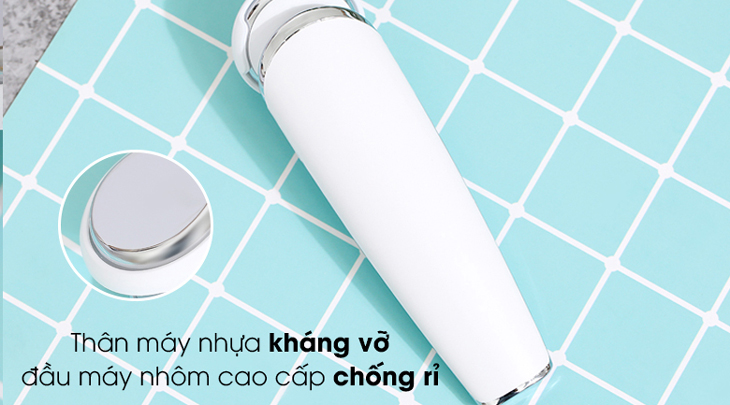 Máy đẩy tinh chất dưỡng trắng Halio ion White có thân máy bằng nhựa, đầu máy bằng nhôm cao cấp, chống rỉ, an toàn cho da, dễ lau chùi.