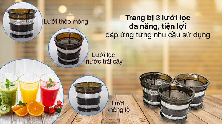 Máy ép chậm Kalite trang bị 3 loại lưới lọc phù hợp đa dạng thực phẩm