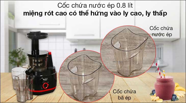 Máy ép trái cây Tefal ZC150838 sở hữu cốc chứa có dung tích 0.8 lít, cho phép chứa nhiều nước ép với nhiều loại hoa quả khác nhau