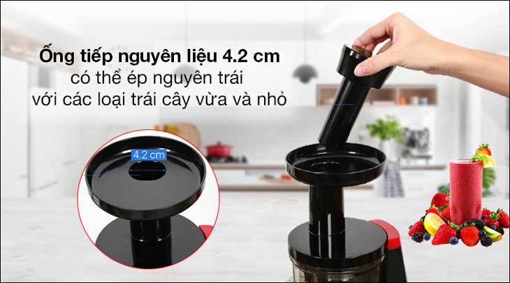 Máy ép trái cây Tefal ZC150838 sử dụng ống tiếp nguyên liệu lớn 4.2cm giúp nước ép chảy nhanh hơn với các loại trái cây vừa và nhỏ