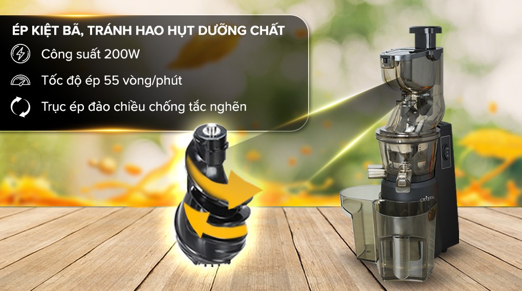 Máy ép chậm Crystal ZZJ821ML được trang bị công suất 200W, 1 tốc độ ép và 1 chức năng xoay đảo chiều chống tắc nghẽn điều chỉnh bằng nút nhấn.