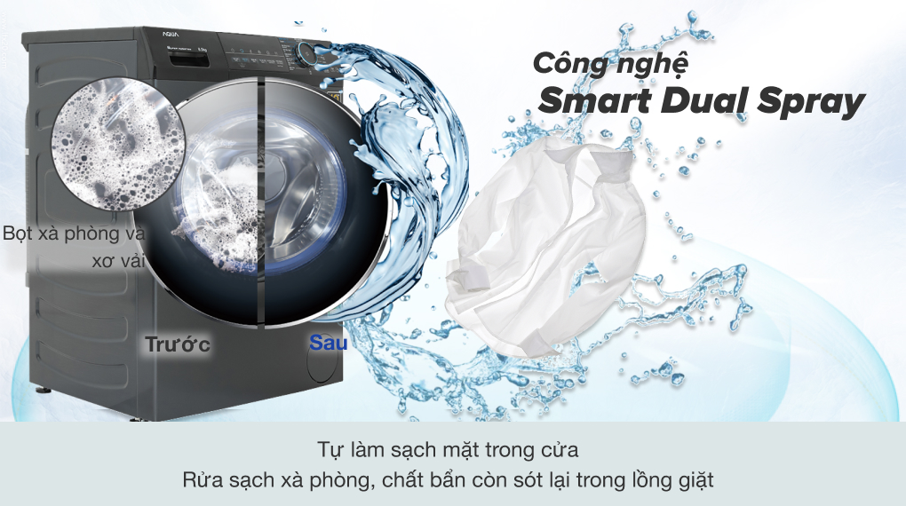 Máy giặt Aqua Inverter 8.5 kg AQD-A852J BK với công nghệ Smart Dual Spray tự làm sạch mặt trong cửa và vòng đệm cửa
