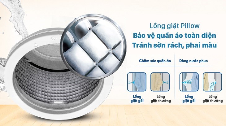 Lồng giặt pillow máy giặt Aqua 8.8 KG AQW-FR88GT.BK giúp làm sạch hiệu quả và bảo vệ quần áo tốt hơn tránh tình trạng sờn rách, phai màu