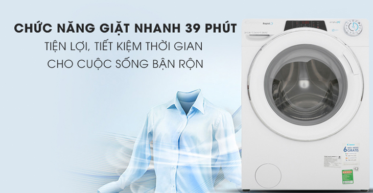 Máy giặt Candy có chức năng giặt nhanh chỉ 39 phút giúp giặt nhanh chóng và tiết kiệm thời gian