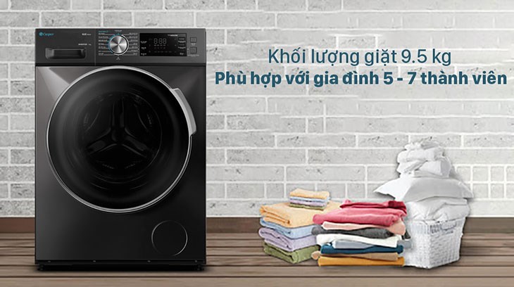 Máy giặt Casper Inverter 9.5 kg WF-95I140BGB có khối lượng giặt 9.5 kg phù hợp với gia đình từ 5 - 7 thành viên