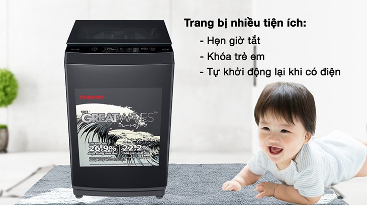 Máy giặt Toshiba 9 kg AW-M1000FV(MK) trang bị tính năng tự khởi động lại khi có điện giúp giảm bớt thao tác thực hiện trên máy, tiết kiệm thời gian