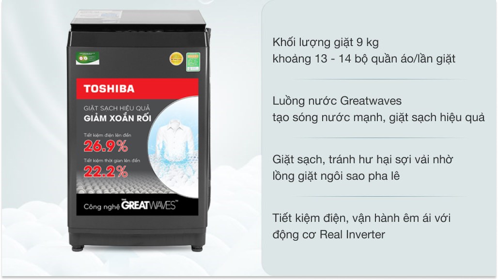 Máy giặt Toshiba Inverter 9.0 kg AW-DK1000FV(KK) giặt sạch nhanh, tiết kiệm thời gian với công nghệ giặt Greatwaves kết hợp 3 luồng nước