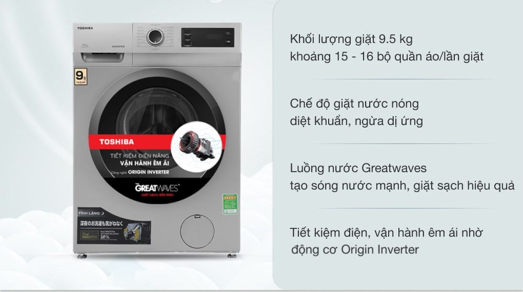 Máy giặt Toshiba Inverter 9.5 Kg TW-BK105S3V(SK) diệt khuẩn, loại bỏ tối ưu các tác nhân gây dị ứng và giảm nhăn nhờ công nghệ Steam Care