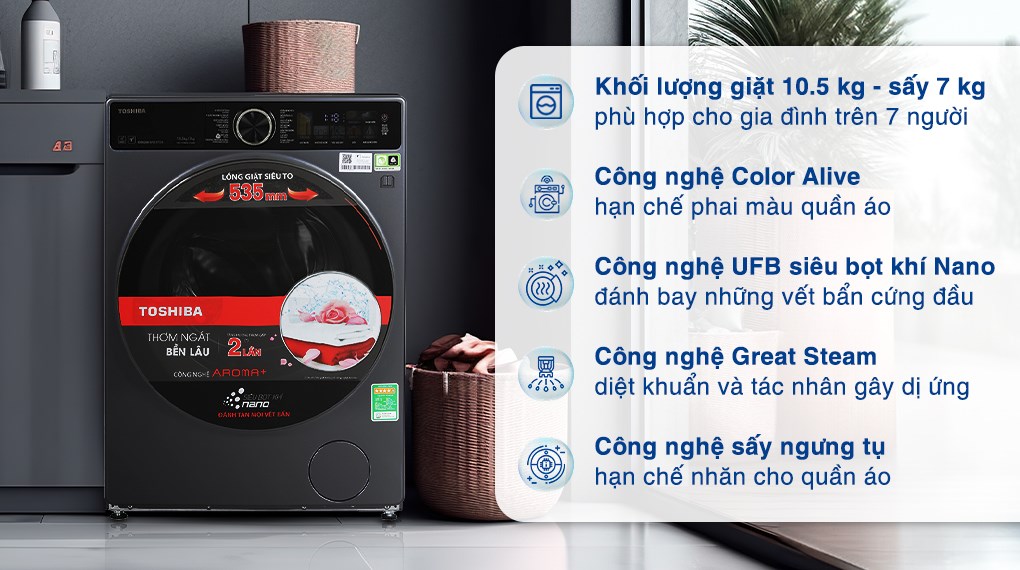 Máy giặt sấy Toshiba Inverter giặt 10.5 kg - sấy 7 kg TWD-T25BZU115MWV(MG) được thiết kế 14 chương trình giặt sấy đa dạng, đáp ứng nhu cầu sử dụng của các thành viên trong gia đình bạn