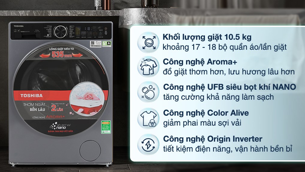 Máy giặt Toshiba Inverter 10.5 kg TW-T25BU115MWV(MG) được tích hợp công nghệ Ultra Fine Bubble có khả năng tạo ra các bọt khí với kích thước Nano siêu nhỏ