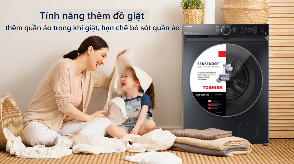 Máy giặt sấy Toshiba Inverter 12.5 kg TWD-BM135GF4V(MG) tích hợp chức năng sấy tiện lợi giúp tiết kiệm diện tích lắp đặt cho gia đình.