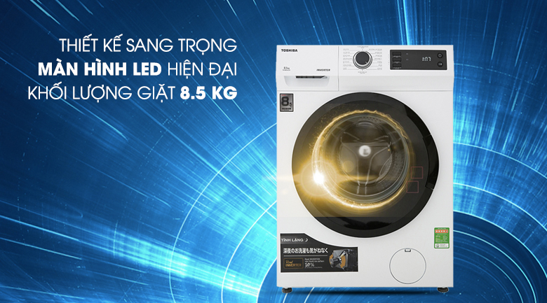 Máy giặt Toshiba Inverter 8.5 Kg TW-BH95S2V WK sở hữu sắc trắng thanh lịch, trung tính, kết hợp với kiểu dáng cửa trước hiện đại.