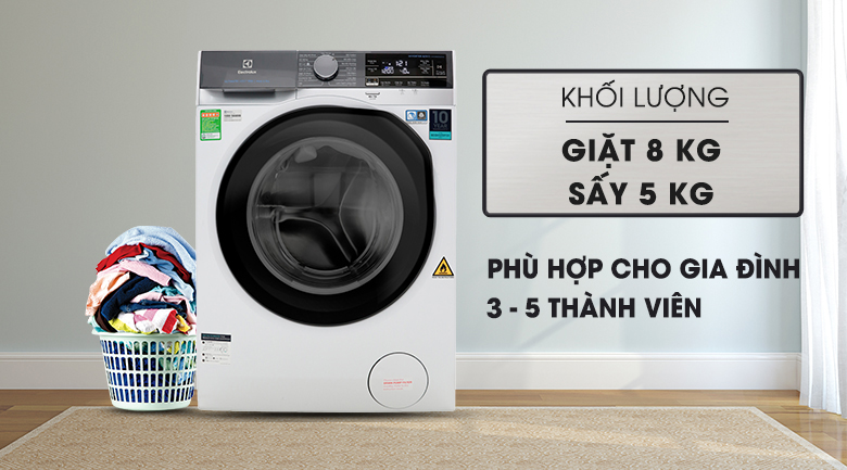 Máy giặt sấy Electrolux Inverter 8 kg EWW8023AEWA có khối lượng giặt 8 kg, sấy 5 kg phù hợp cho gia đình 3 - 5 người