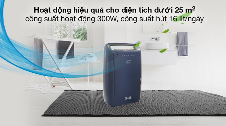 Máy hút ẩm Delonghi DEX216F có công suất hoạt động 300W và công suất hút 16 lít/ngày