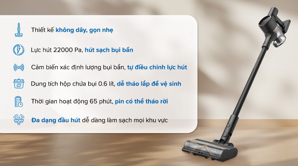 Máy hút bụi không dây Dreame R10 Pro có dung lượng pin lớn 3000 mAh cho thời gian sử dụng khoảng 65 phút