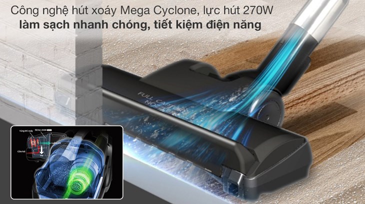 Máy hút bụi dạng hộp Panasonic MC-CL575KN49 được tích hợp công nghệ gió xoáy cực đại Mega Cyclone cho khả năng làm sạch nhanh, tiết kiệm điện năng
